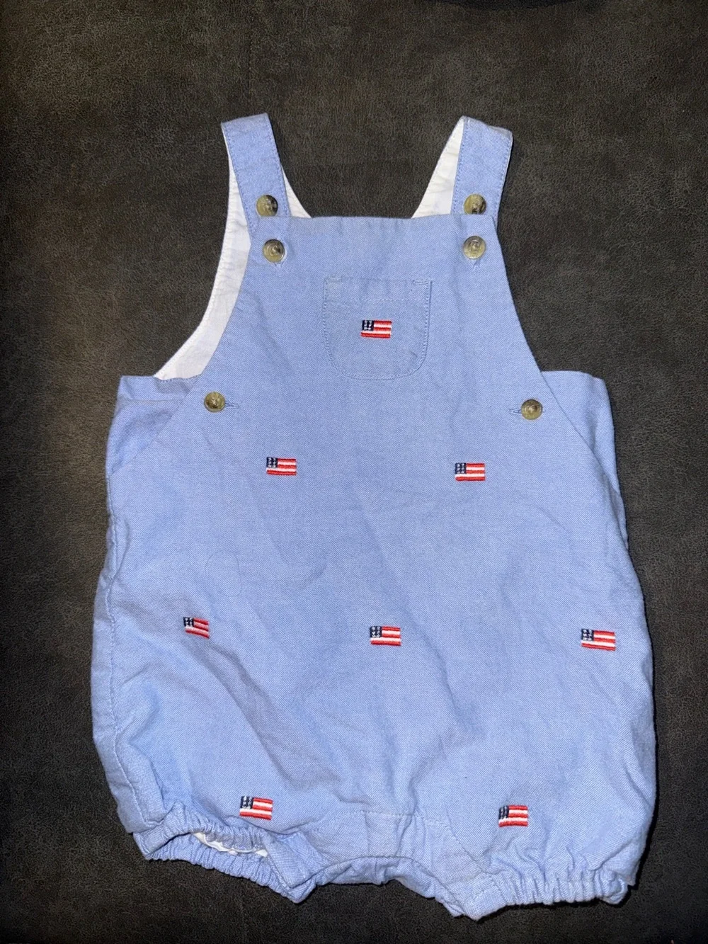 Janie and Jack Light Blue Embroidered Flag Bubble Overalls